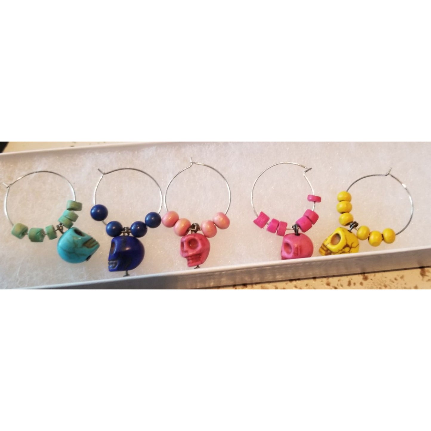 Wine Charms 1"  Skulls Beads Silver Hoops Set of 5  Yellow, Blue, Purple, Pink, Red