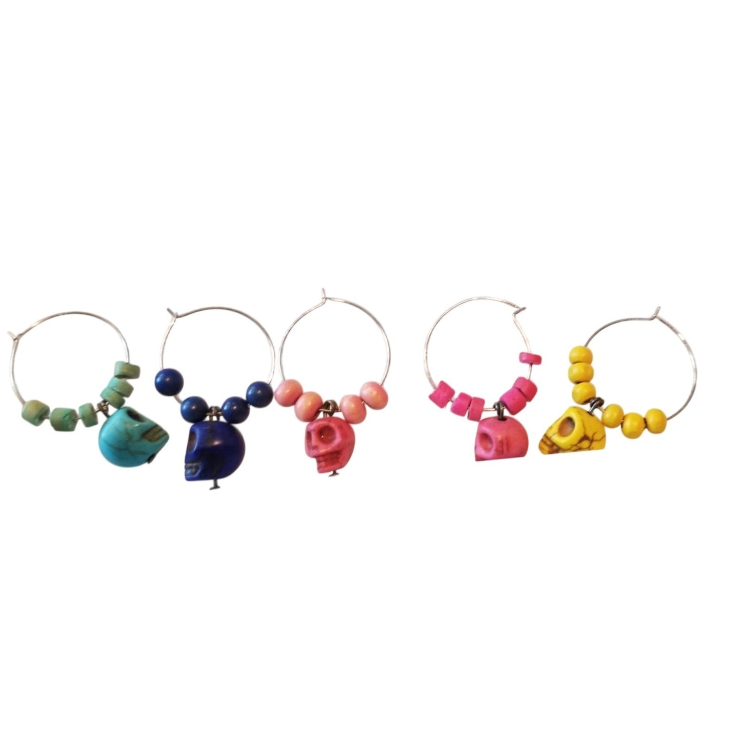 Wine Charms 1"  Skulls Beads Silver Hoops Set of 5  Yellow, Blue, Purple, Pink, Red