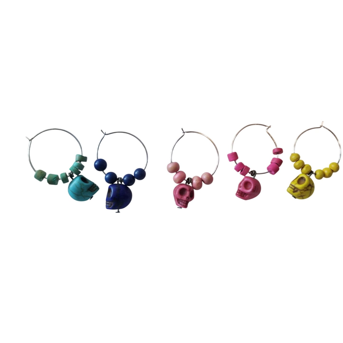 Wine Charms 1"  Skulls Beads Silver Hoops Set of 5  Yellow, Blue, Purple, Pink, Red