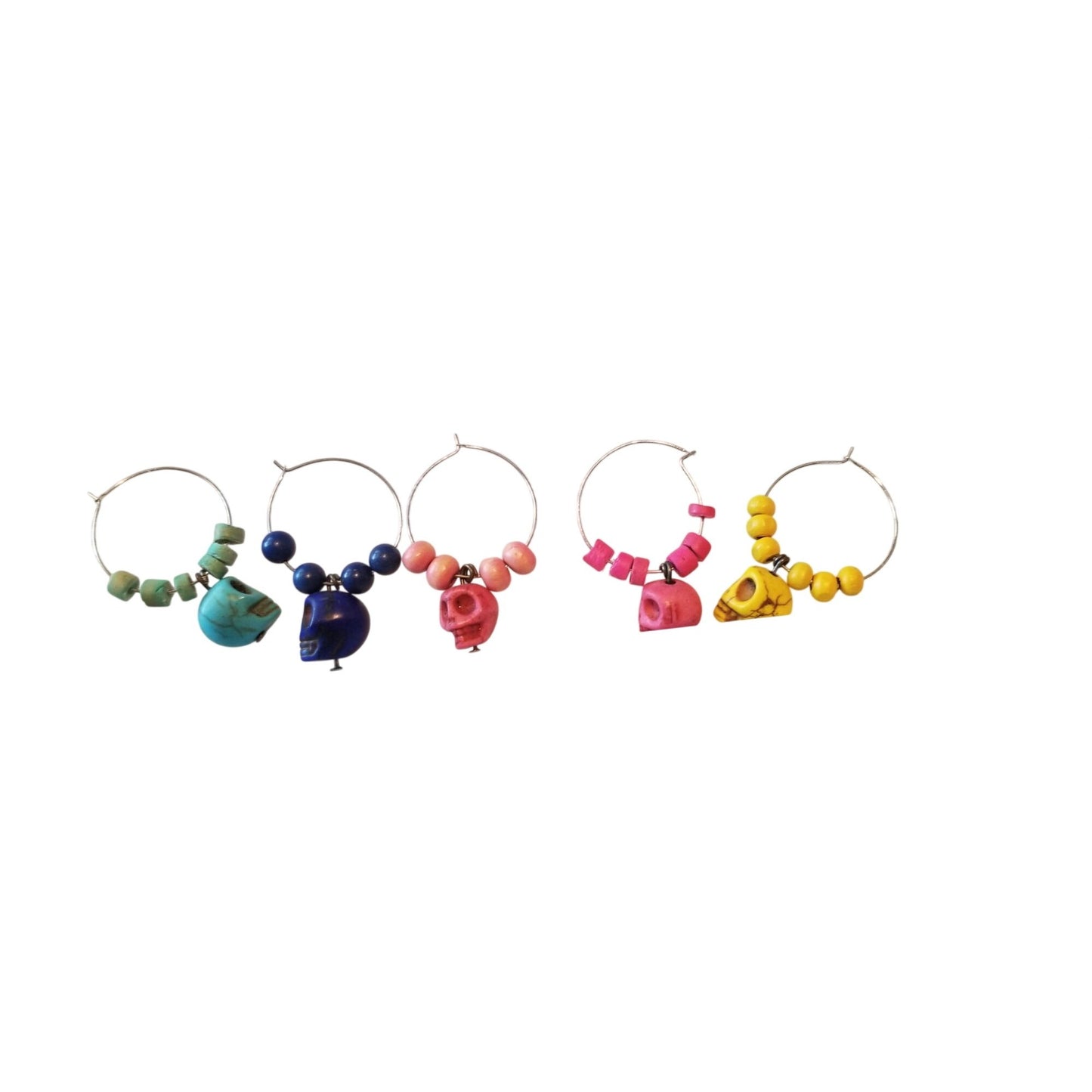 Wine Charms 1"  Skulls Beads Silver Hoops Set of 5  Yellow, Blue, Purple, Pink, Red