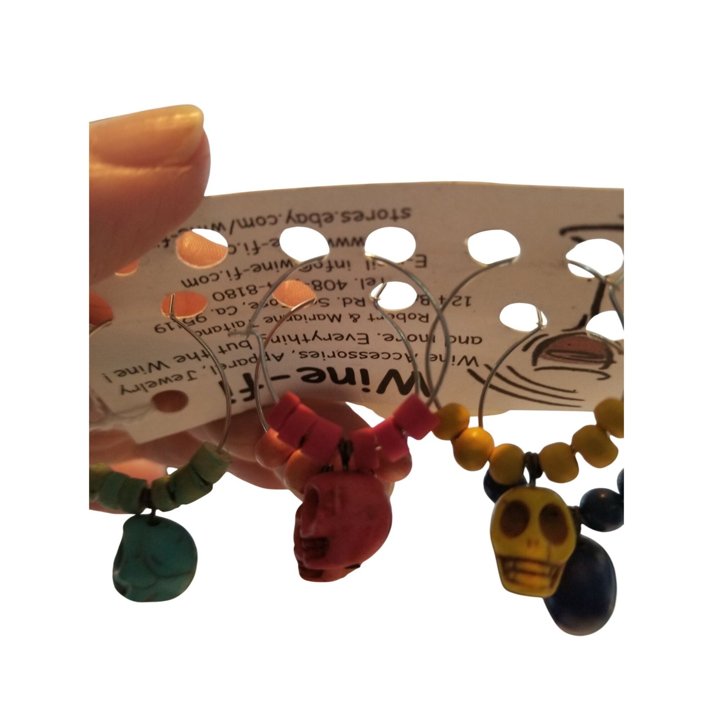 Wine Charms 1"  Skulls Beads Silver Hoops Set of 5  Yellow, Blue, Purple, Pink, Red
