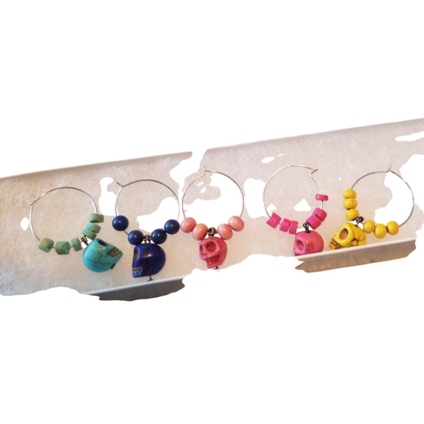 Wine Charms 1"  Skulls Beads Silver Hoops Set of 5  Yellow, Blue, Purple, Pink, Red