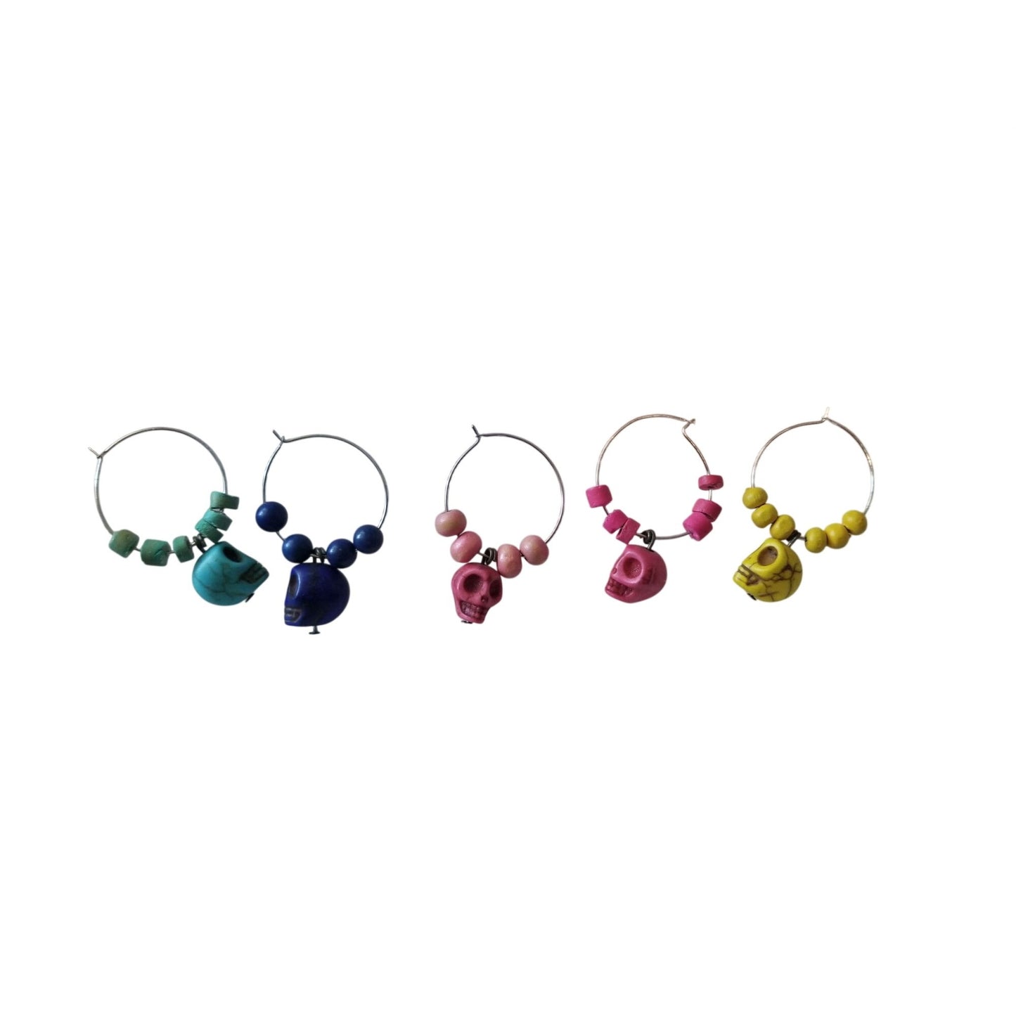 Wine Charms 1"  Skulls Beads Silver Hoops Set of 5  Yellow, Blue, Purple, Pink, Red