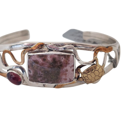 Jewelry Bracelet Purple Ocean Jasper Garnet Gold Turtle on Silver & Gold Band