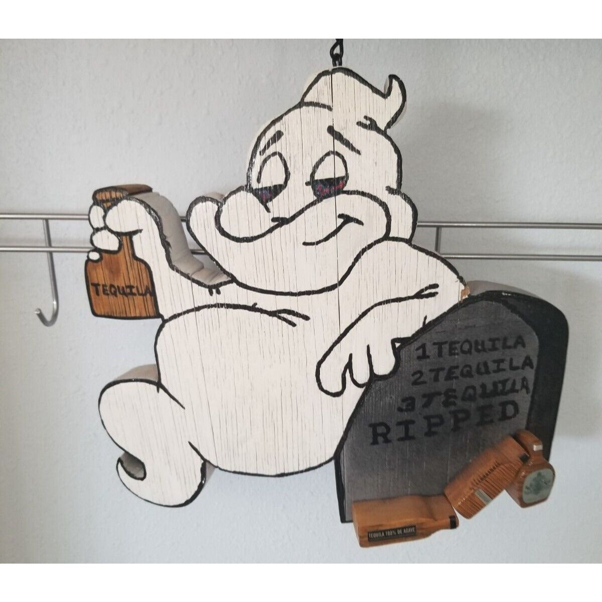 Wood Sign Halloween Ripped  Ghost 1 Tequila 2 Tequila 3 Tequila Ripped Hanging