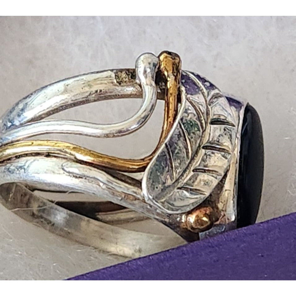 Ring Black Jade Silver Leaves Gold accents  Size 7 1/2  8.1 gr Stone 15 x 8 mm Leaves 15 x 5 mm  Jerry Fran Harr
