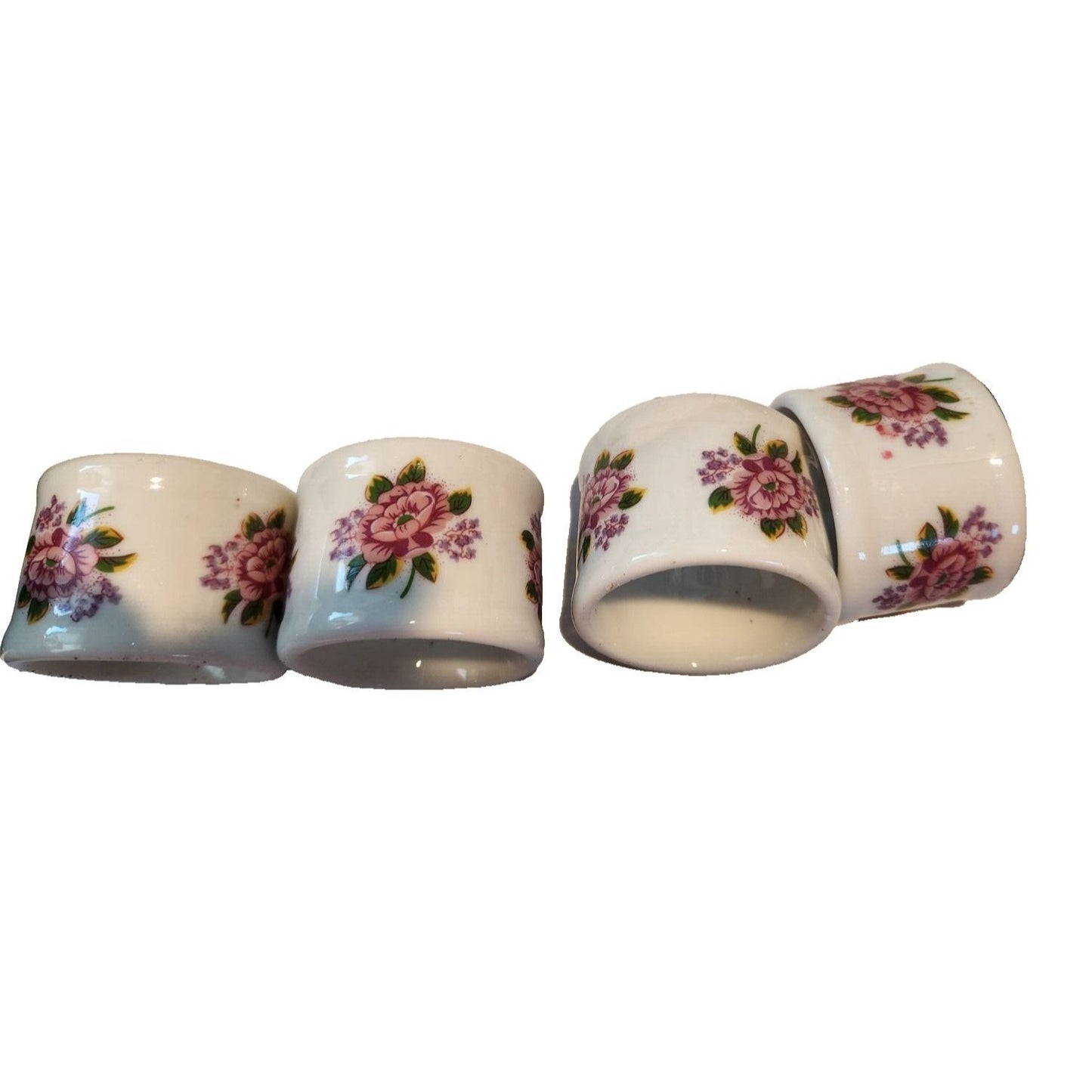 Napkin Rings White  Ceramic Pink Flowers Set of 4  Round 1  1/2" x 1  3/4"