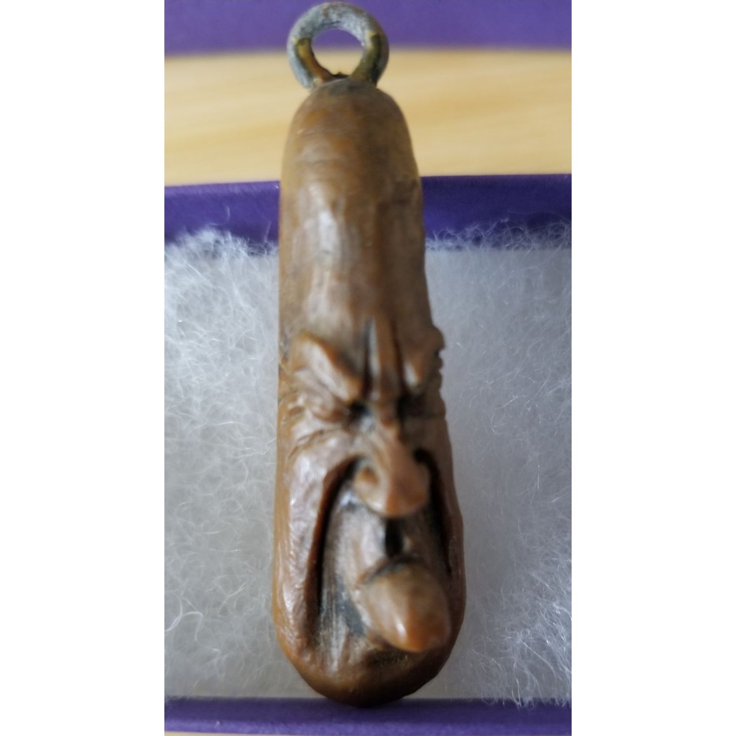 Pendant Carved Wood Weird Guy Toung Sticking Out  37.5 ct  7.5 Gr  55 mm x 25 mm