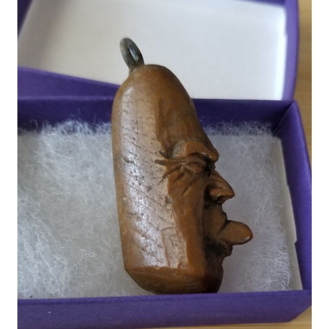 Pendant Carved Wood Weird Guy Toung Sticking Out  37.5 ct  7.5 Gr  55 mm x 25 mm