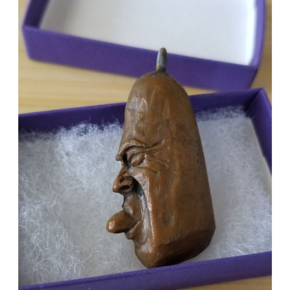Pendant Carved Wood Weird Guy Toung Sticking Out  37.5 ct  7.5 Gr  55 mm x 25 mm