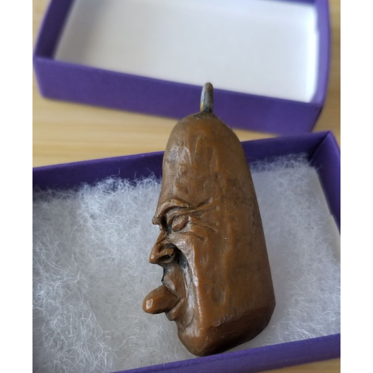 Pendant Carved Wood Weird Guy Toung Sticking Out  37.5 ct  7.5 Gr  55 mm x 25 mm
