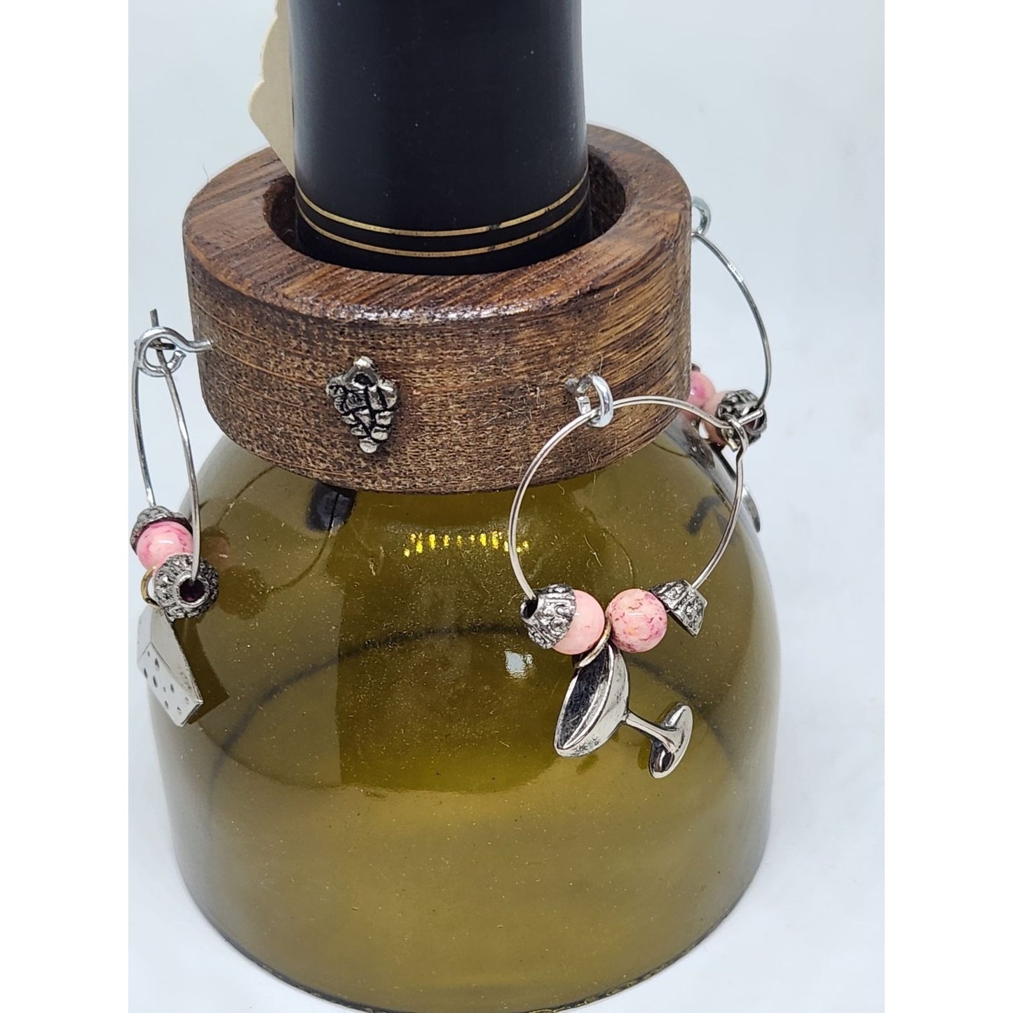 Wine  Charms Wine Glass Markers Set of 4 Beads and Charms on Wine Barrel Stave Circle