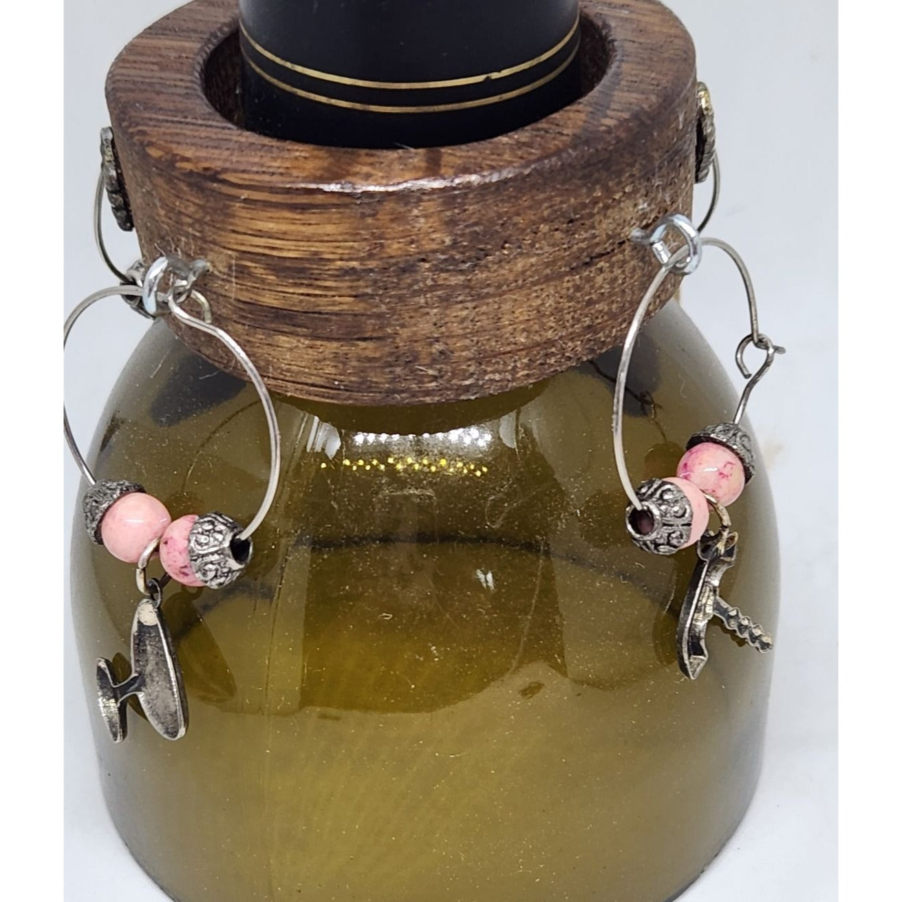 Wine  Charms Wine Glass Markers Set of 4 Beads and Charms on Wine Barrel Stave Circle