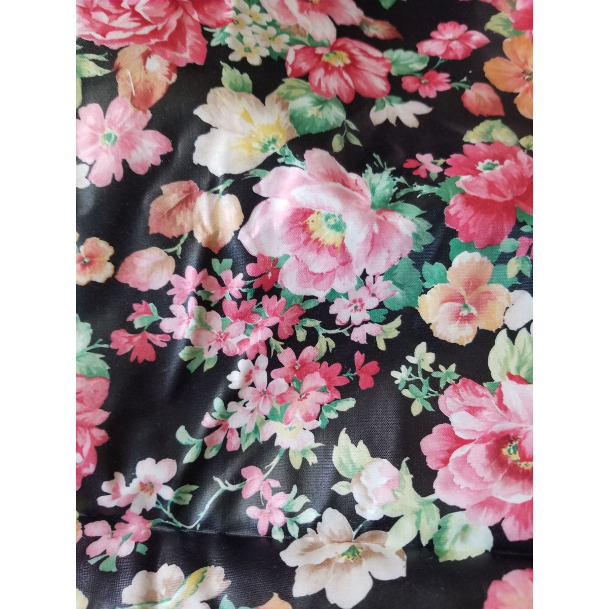 Material  Black Fabric Flowers Pink White Red  Green Leaves Stem  44" x 29"  Cotton  Yrd Craft Clothing  Joann