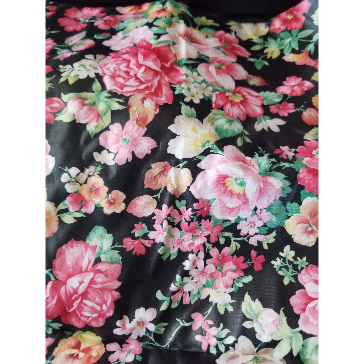 Material  Black Fabric Flowers Pink White Red  Green Leaves Stem  44" x 29"  Cotton  Yrd Craft Clothing  Joann