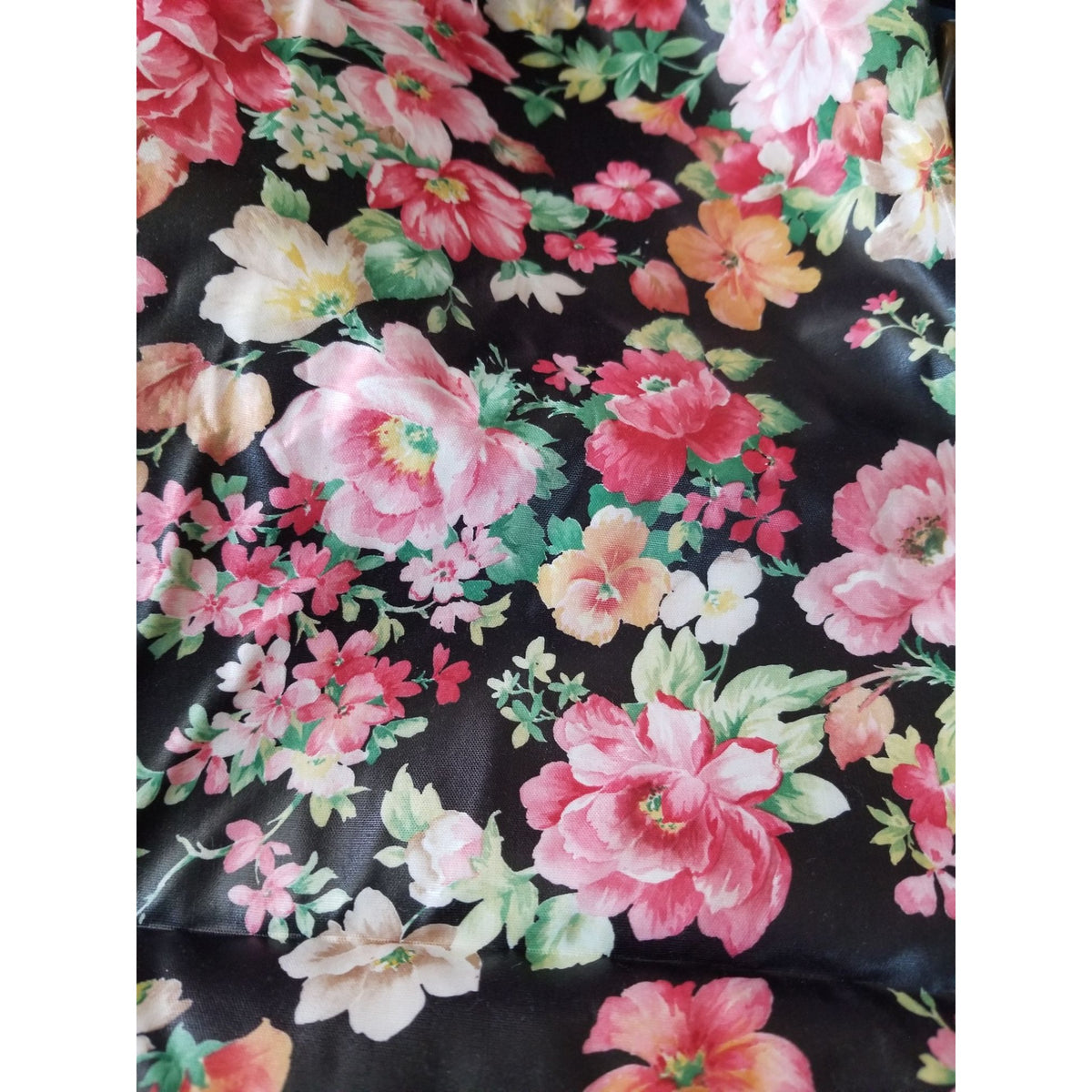 Material  Black Fabric Flowers Pink White Red  Green Leaves Stem  44" x 29"  Cotton  Yrd Craft Clothing  Joann