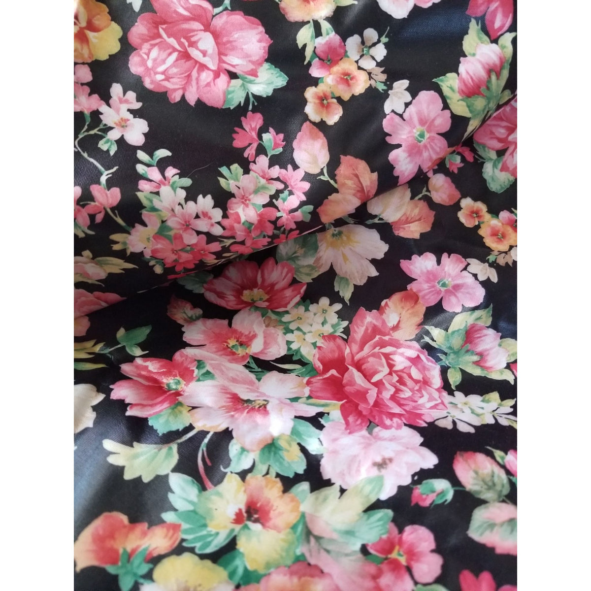 Material  Black Fabric Flowers Pink White Red  Green Leaves Stem  44" x 29"  Cotton  Yrd Craft Clothing  Joann
