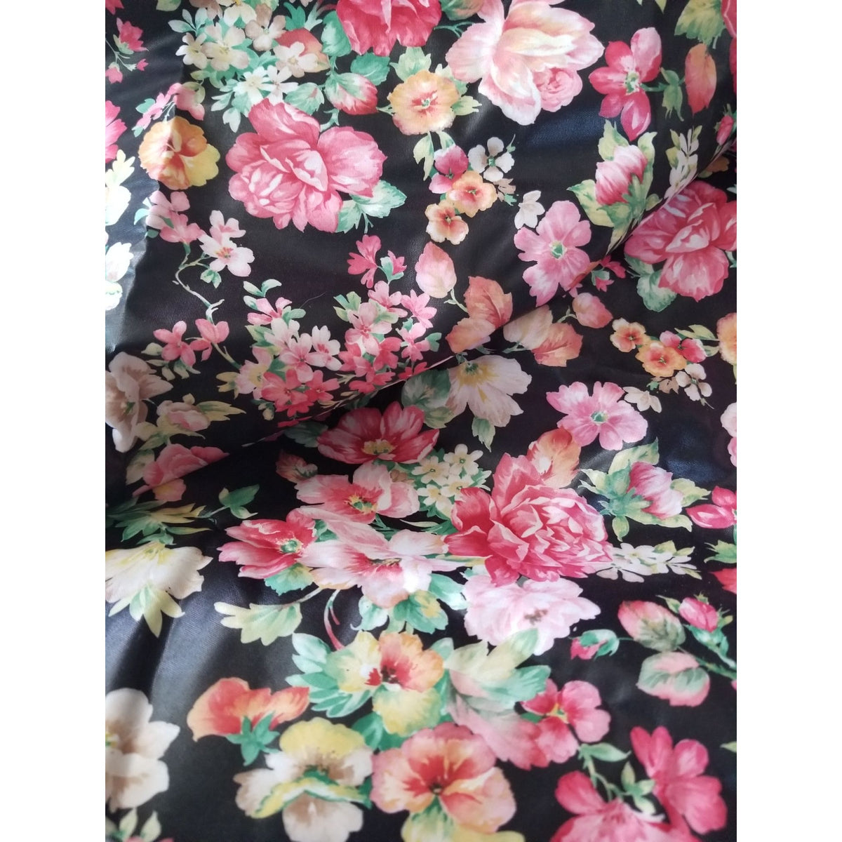Material  Black Fabric Flowers Pink White Red  Green Leaves Stem  44" x 29"  Cotton  Yrd Craft Clothing  Joann