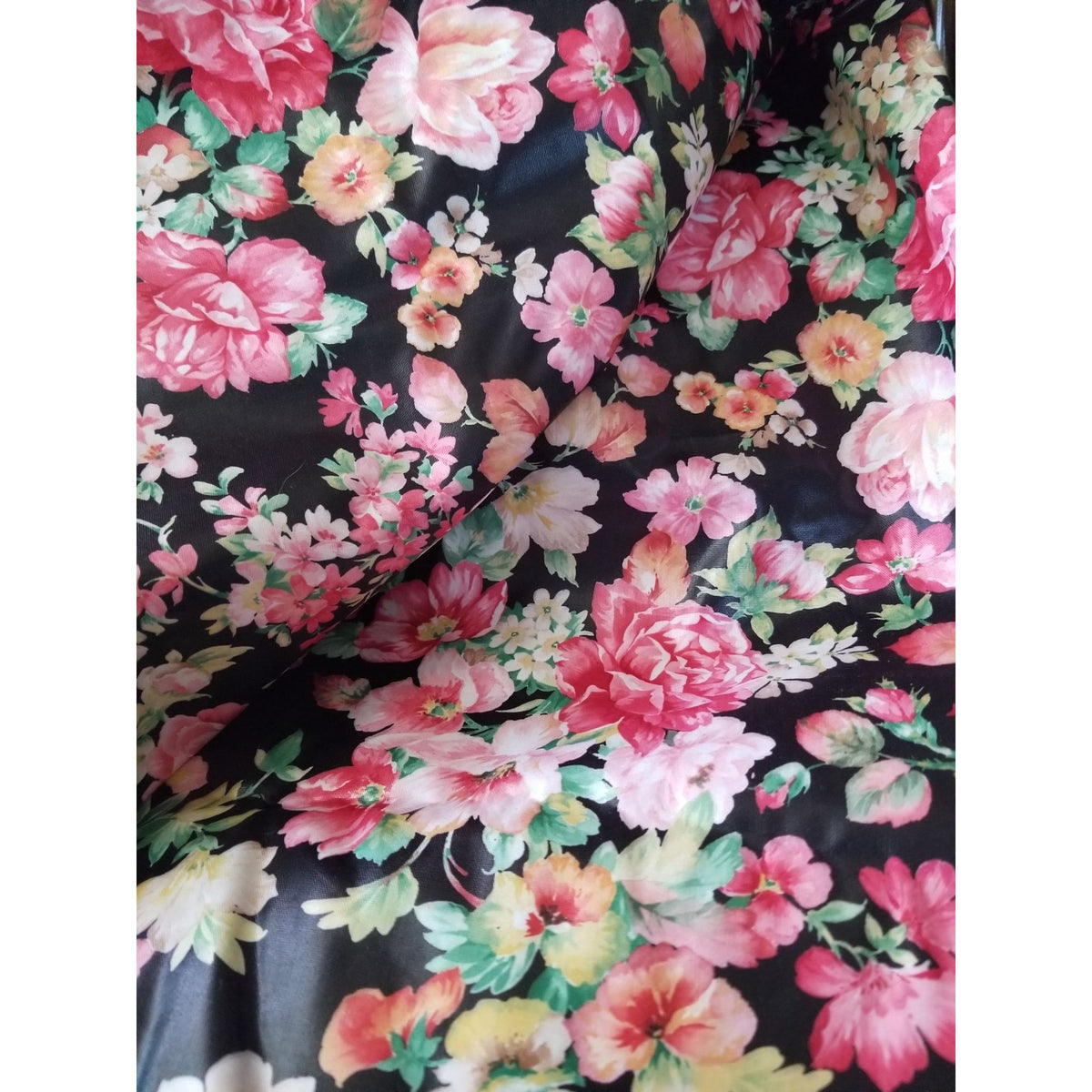 Material  Black Fabric Flowers Pink White Red  Green Leaves Stem  44" x 29"  Cotton  Yrd Craft Clothing  Joann