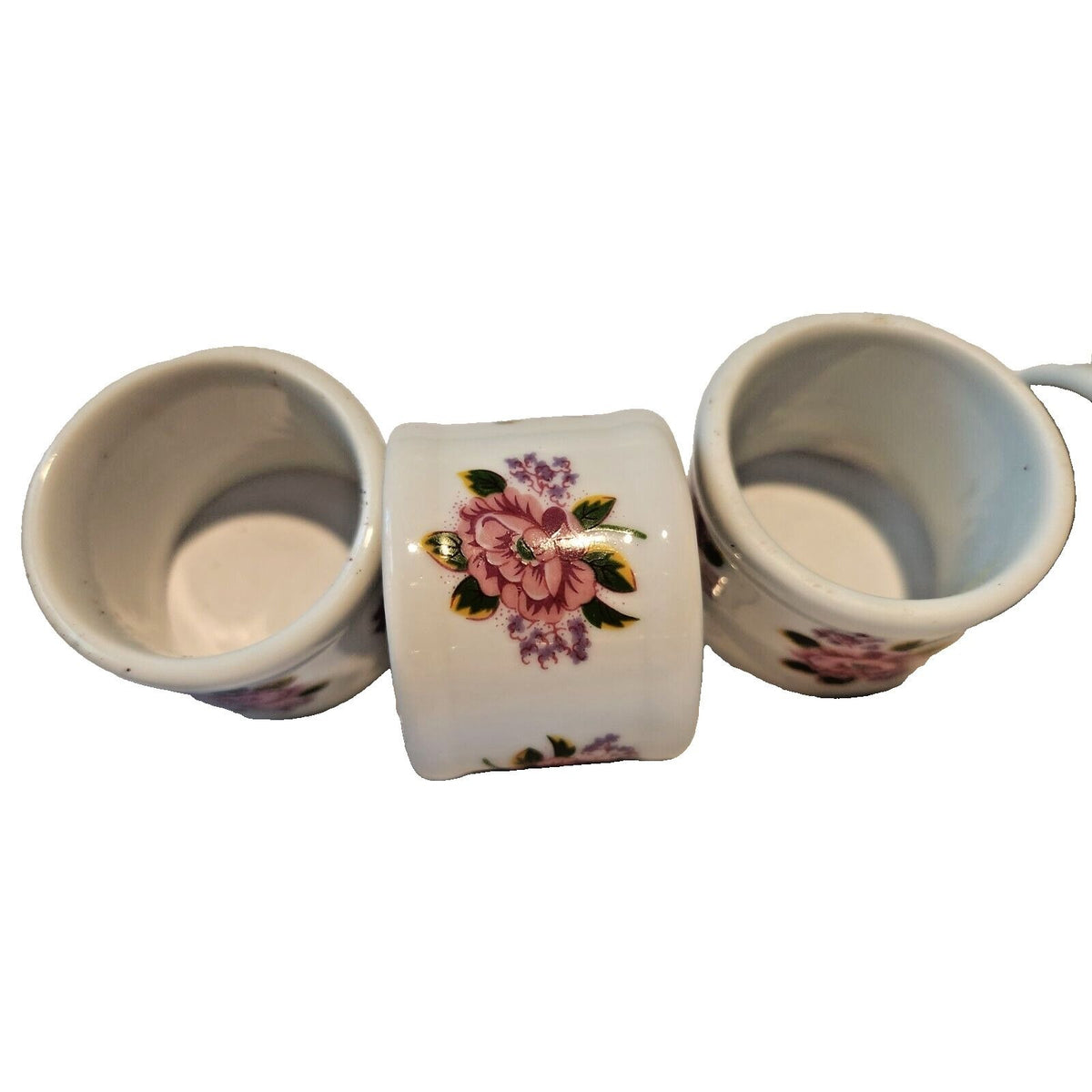Napkin Rings White  Ceramic Pink Flowers Set of 4  Round 1  1/2" x 1  3/4"