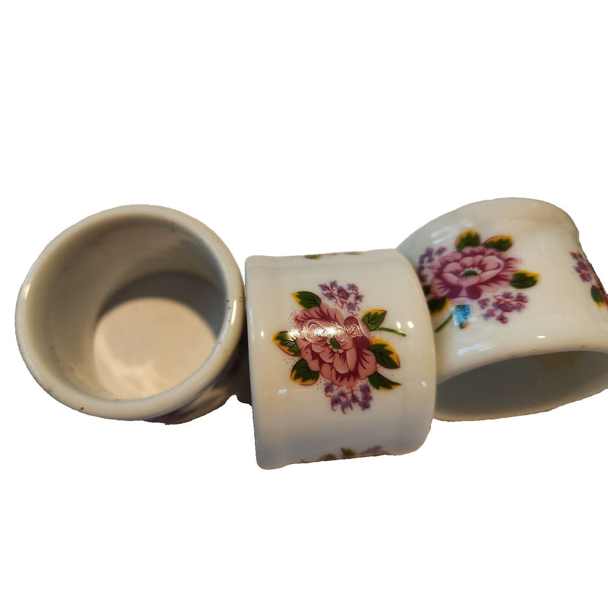 Napkin Rings White  Ceramic Pink Flowers Set of 4  Round 1  1/2" x 1  3/4"