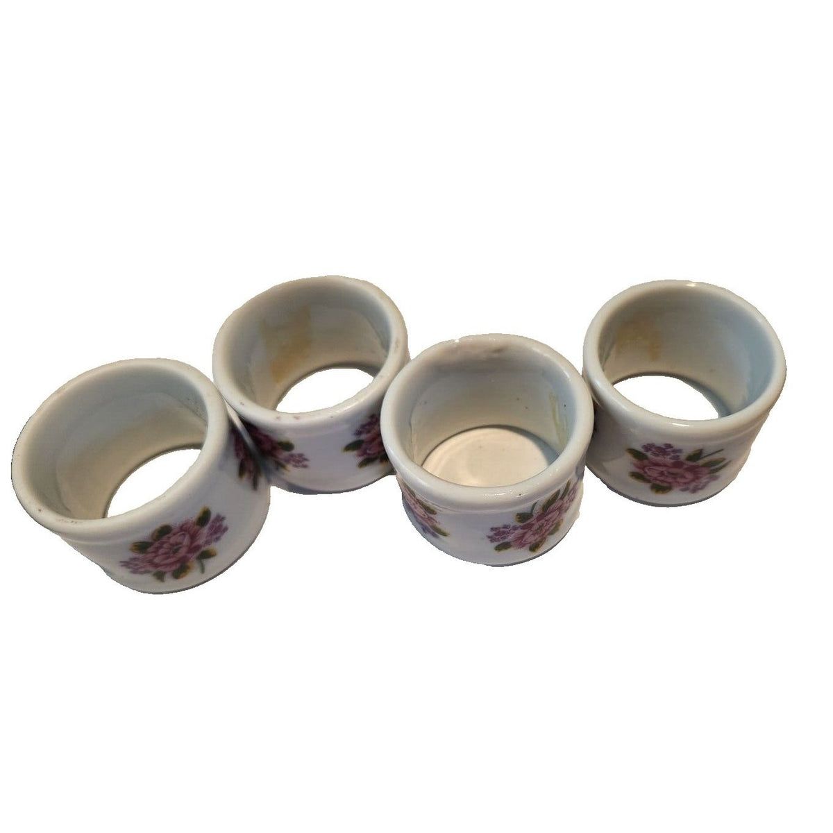 Napkin Rings White  Ceramic Pink Flowers Set of 4  Round 1  1/2" x 1  3/4"