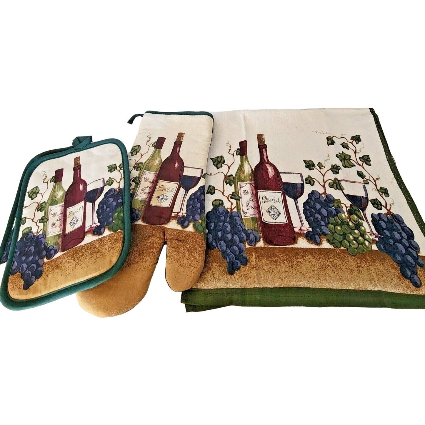 Kitchen Towel 5 Piece Set hOme Wine Bottles Glasses Grapes Green Wine  2 Towels,  2 Pot Holders, 1 Oven Mitt
