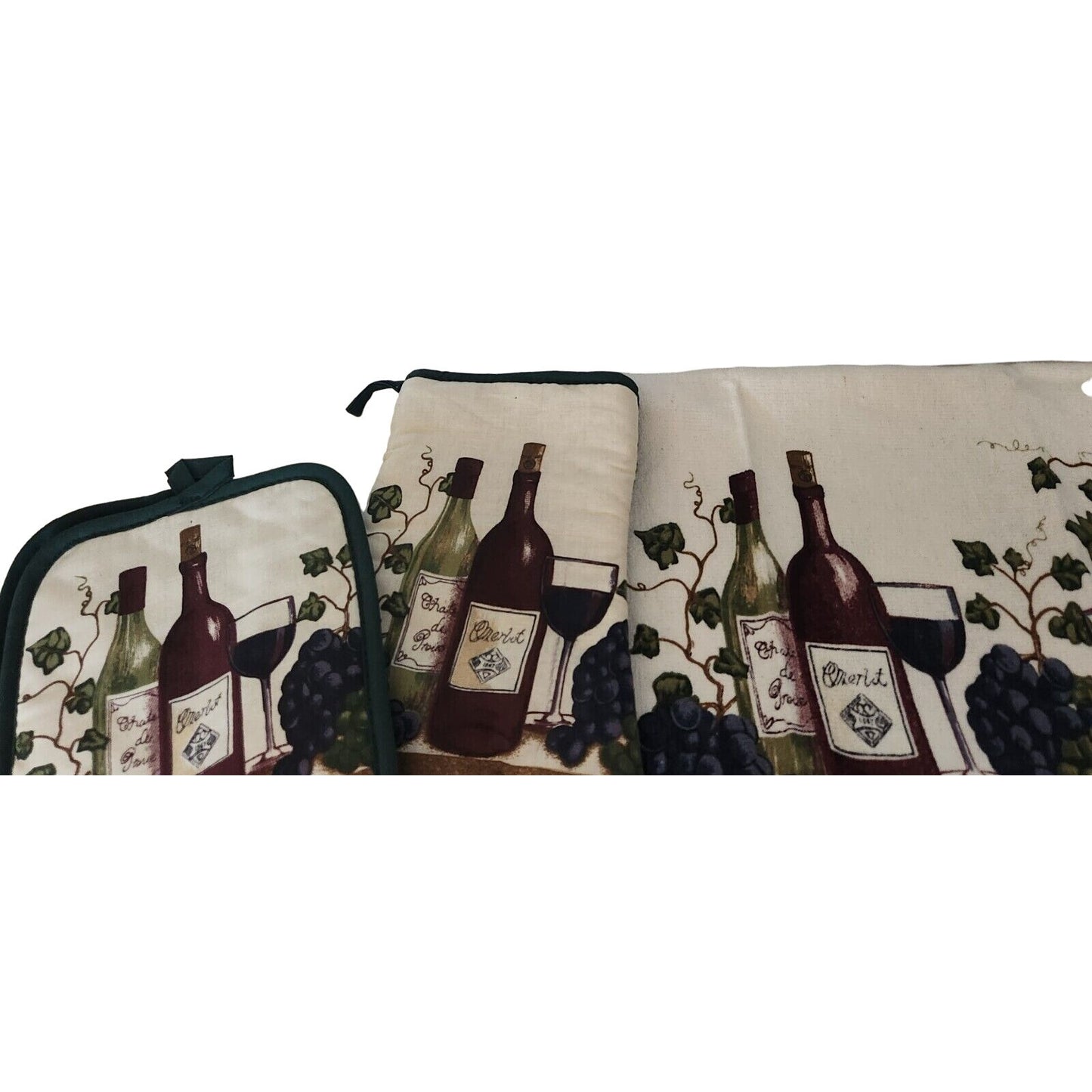 Kitchen Towel 5 Piece Set hOme Wine Bottles Glasses Grapes Green Wine  2 Towels,  2 Pot Holders, 1 Oven Mitt