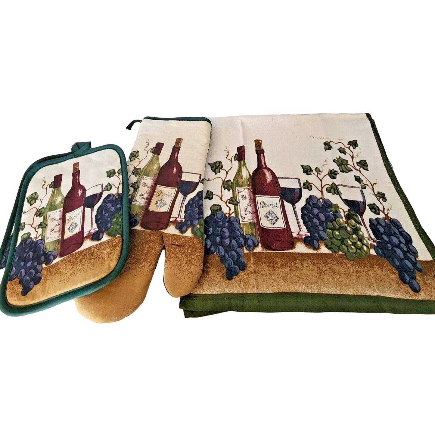 Kitchen Towel 5 Piece Set hOme Wine Bottles Glasses Grapes Green Wine  2 Towels,  2 Pot Holders, 1 Oven Mitt