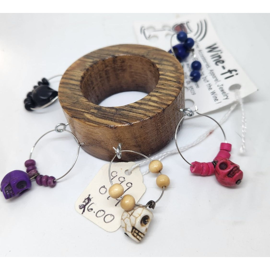 Skull Colorful Wine Glass Charms Set - 6  Themed Unique Charms With Beads & Wood Holder