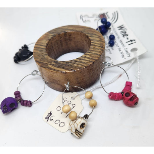 Skull Colorful Wine Glass Charms Set - 6  Themed Unique Charms With Beads & Wood Holder