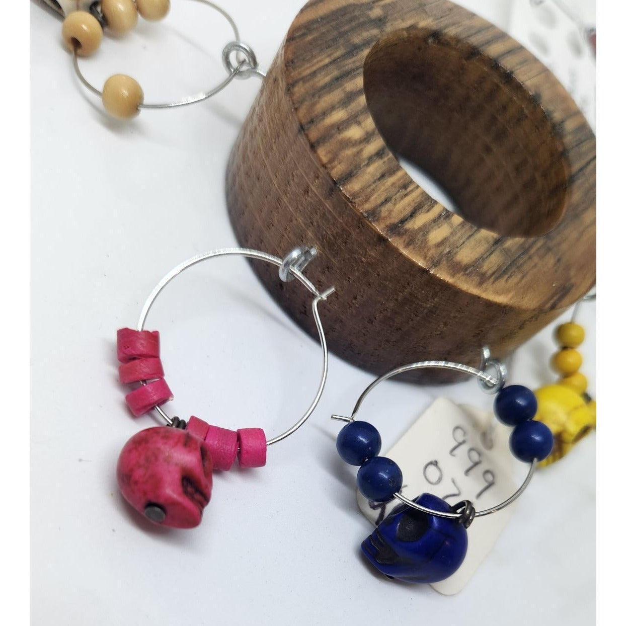 Skull Colorful Wine Glass Charms Set - 6  Themed Unique Charms With Beads & Wood Holder