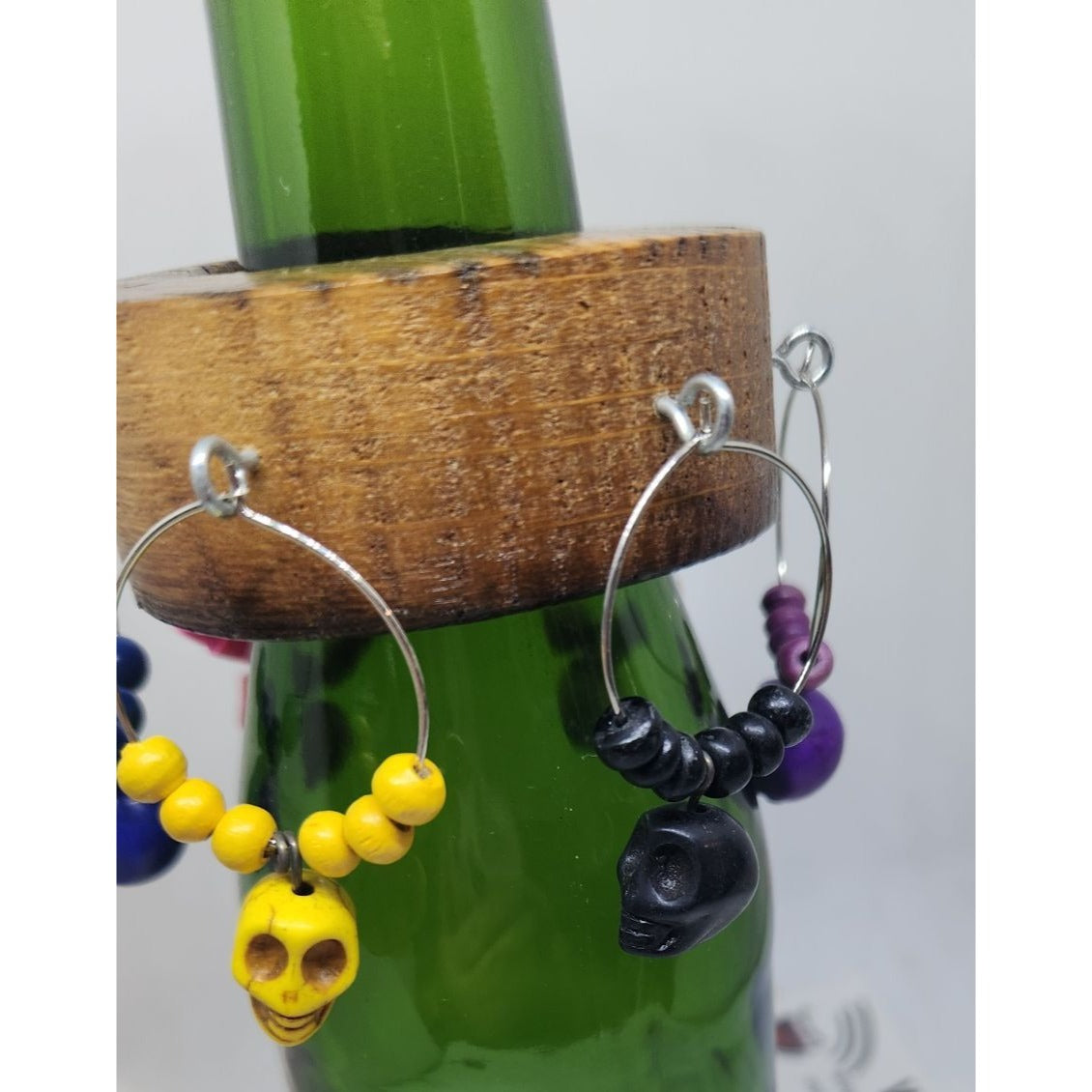 Skull Colorful Wine Glass Charms Set - 6  Themed Unique Charms With Beads & Wood Holder