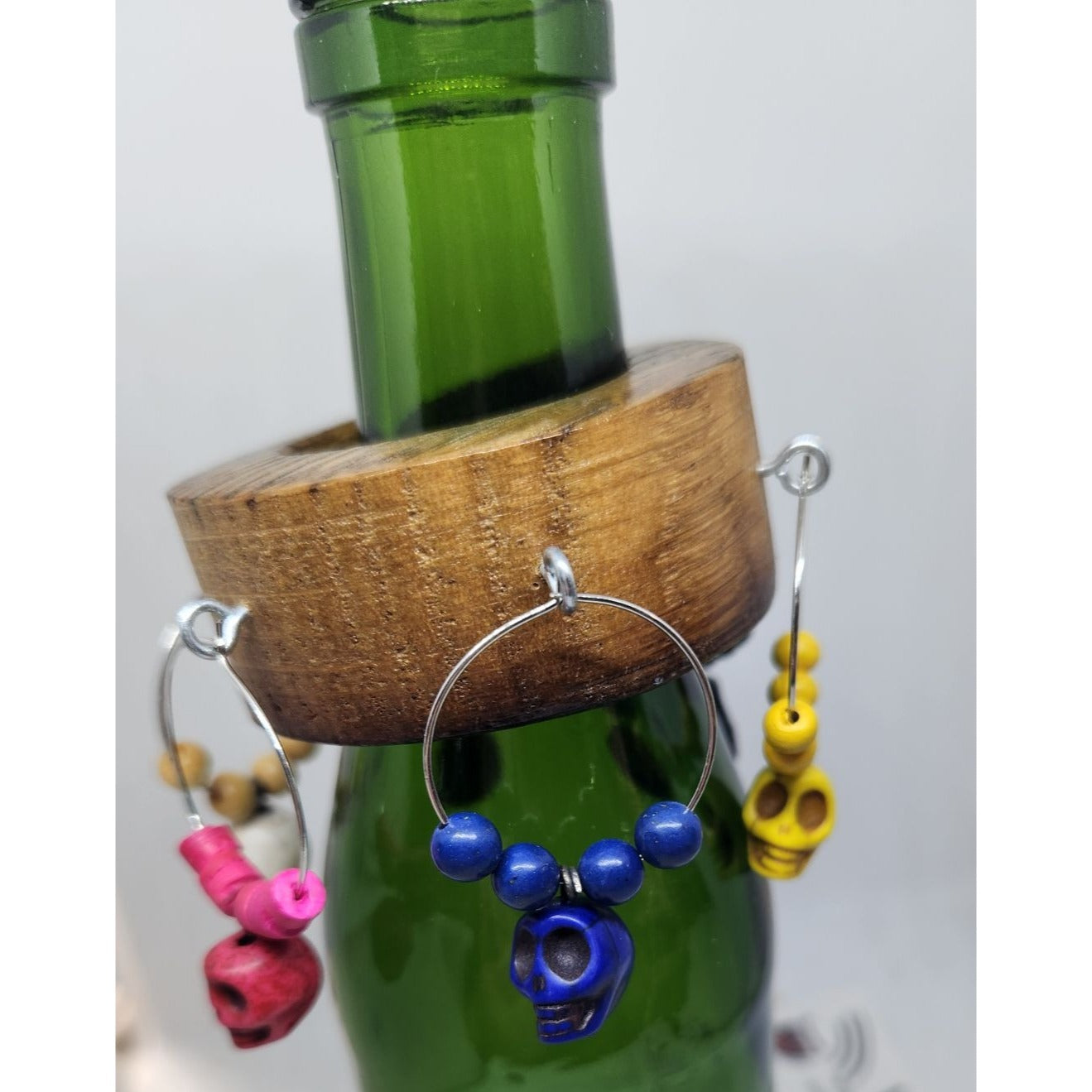 Skull Colorful Wine Glass Charms Set - 6  Themed Unique Charms With Beads & Wood Holder