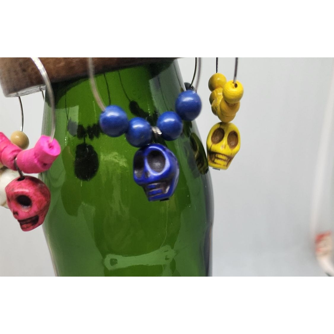 Skull Colorful Wine Glass Charms Set - 6  Themed Unique Charms With Beads & Wood Holder