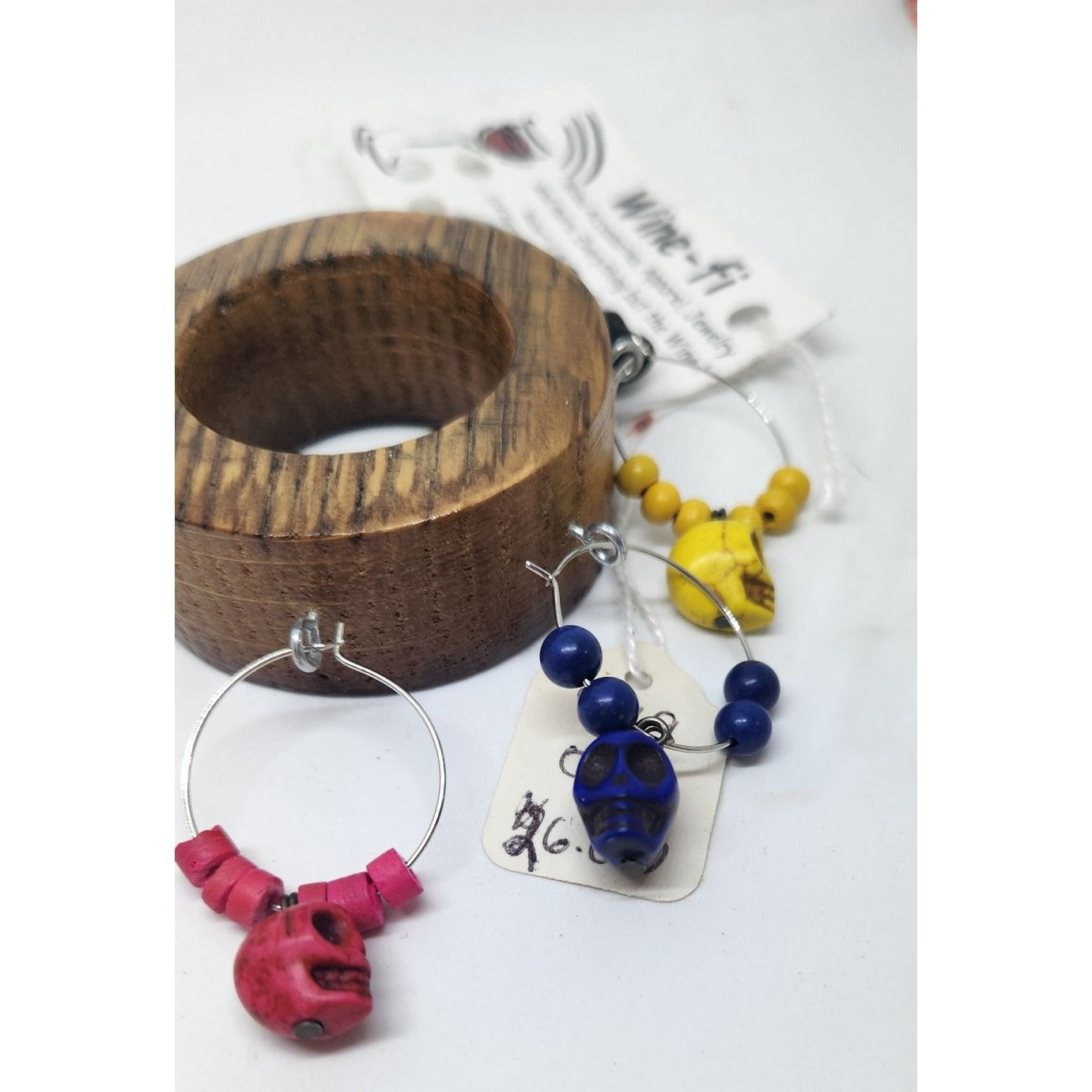 Skull Colorful Wine Glass Charms Set - 6  Themed Unique Charms With Beads & Wood Holder