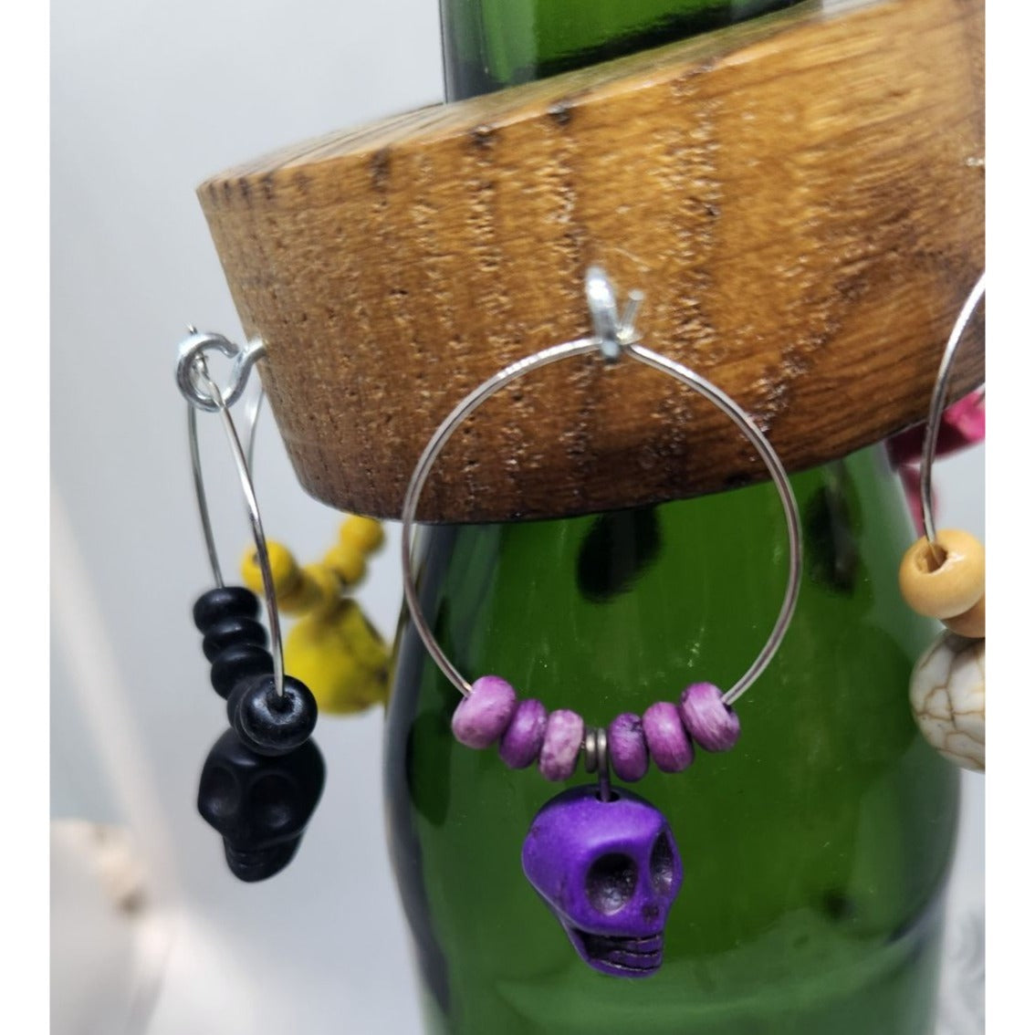 Skull Colorful Wine Glass Charms Set - 6  Themed Unique Charms With Beads & Wood Holder