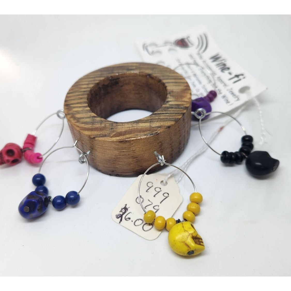 Skull Colorful Wine Glass Charms Set - 6  Themed Unique Charms With Beads & Wood Holder