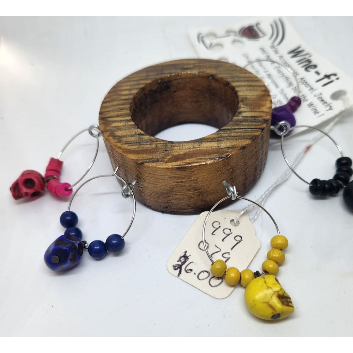 Skull Colorful Wine Glass Charms Set - 6  Themed Unique Charms With Beads & Wood Holder