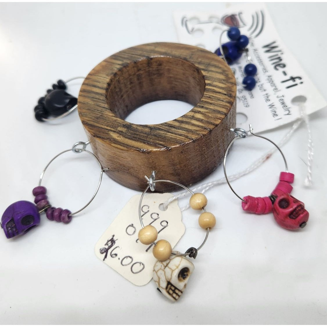 Skull Colorful Wine Glass Charms Set - 6  Themed Unique Charms With Beads & Wood Holder