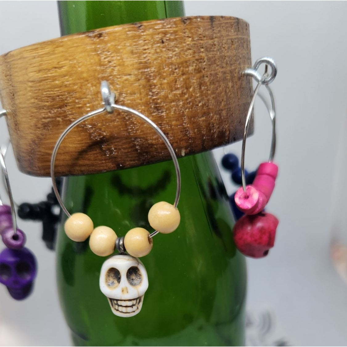 Skull Colorful Wine Glass Charms Set - 6  Themed Unique Charms With Beads & Wood Holder