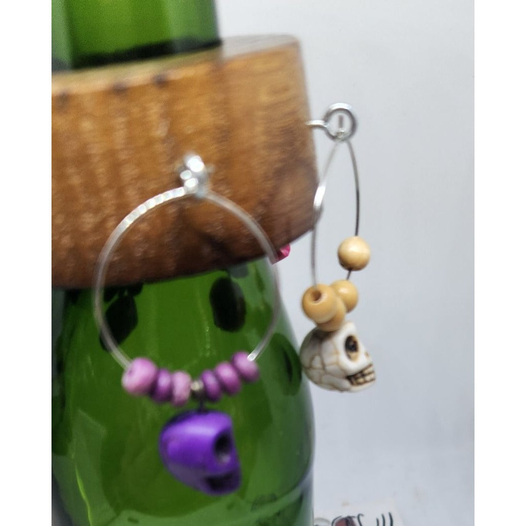 Skull Colorful Wine Glass Charms Set - 6  Themed Unique Charms With Beads & Wood Holder