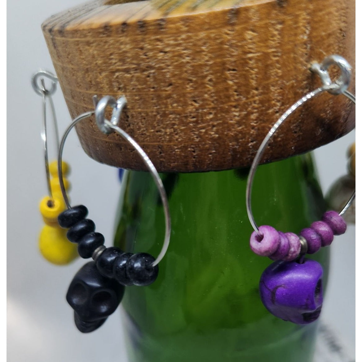 Skull Colorful Wine Glass Charms Set - 6  Themed Unique Charms With Beads & Wood Holder