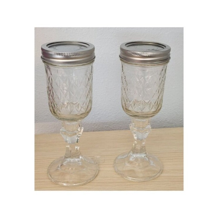 Wine Glasses Clear Glass 2 pc Red Neck  with lid 8" Tall 4" Glass 4" Stem