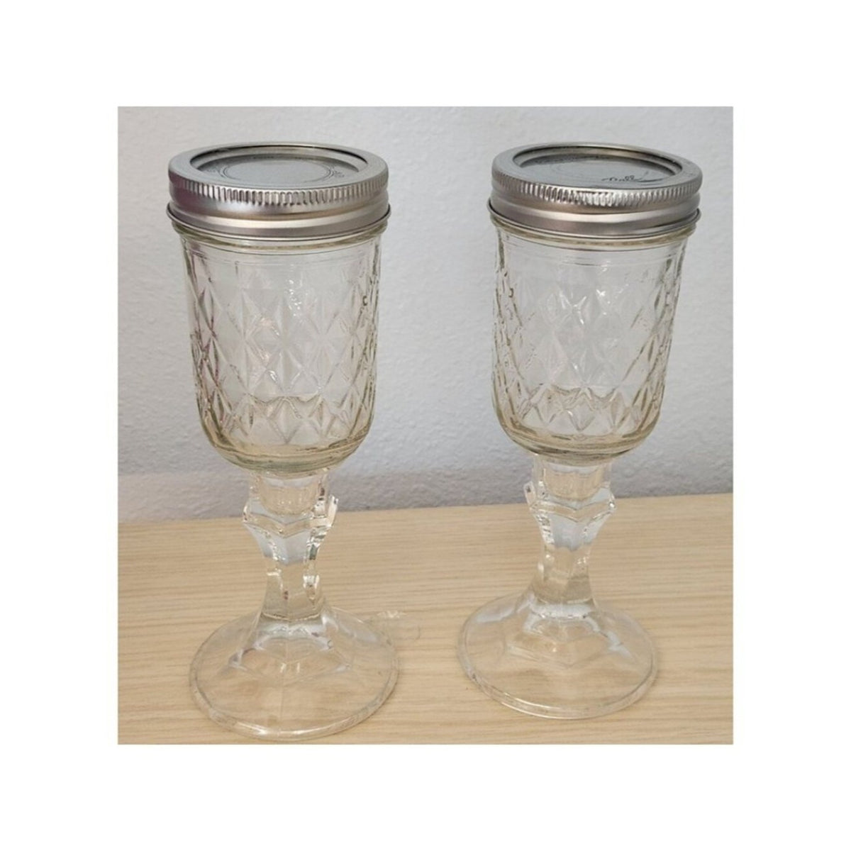 Wine Glasses Clear Glass 2 pc Red Neck  with lid 8" Tall 4" Glass 4" Stem