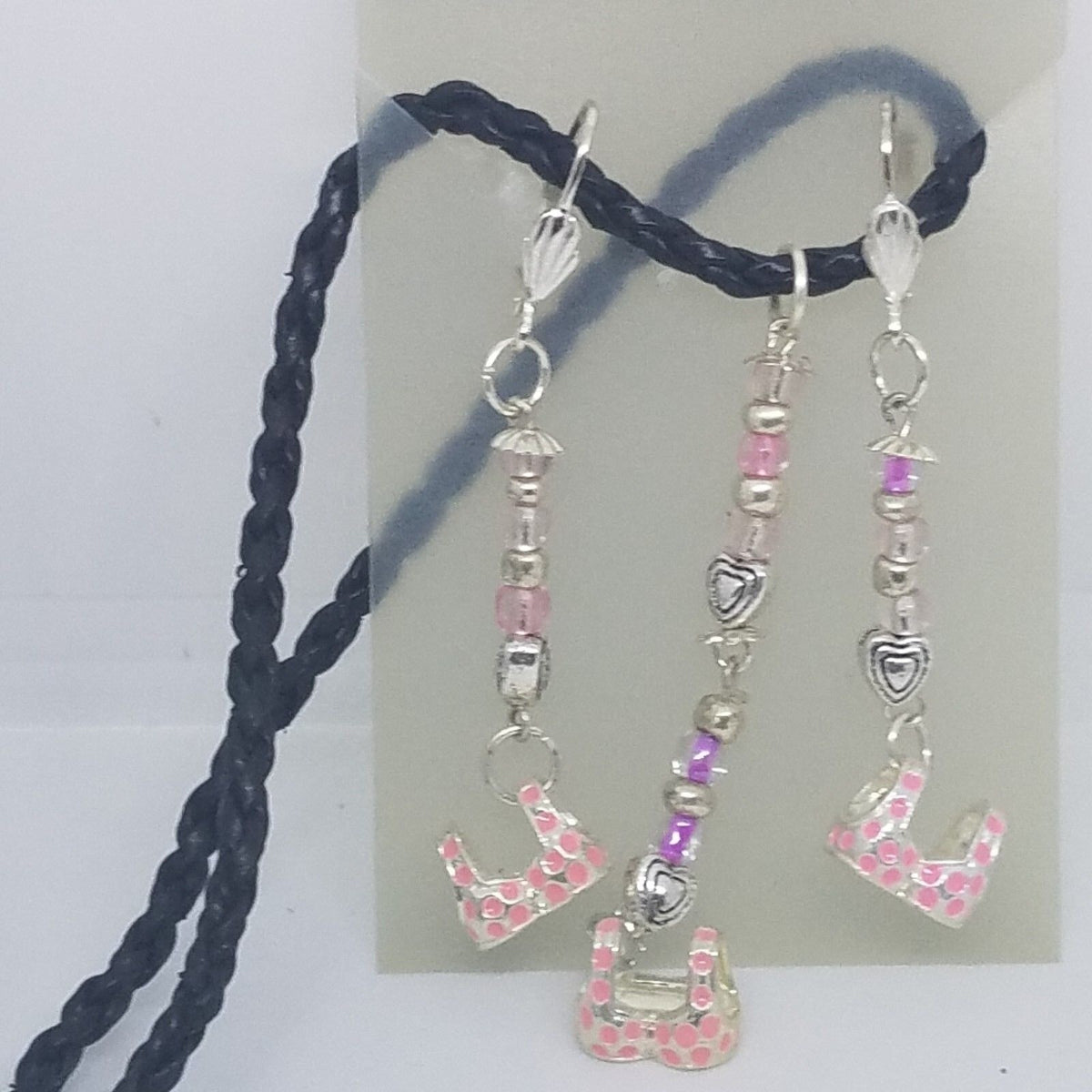 Necklace Earrings Pink Bra Top 1/2 " Charm Silver Heart Bead Black Leather Cord