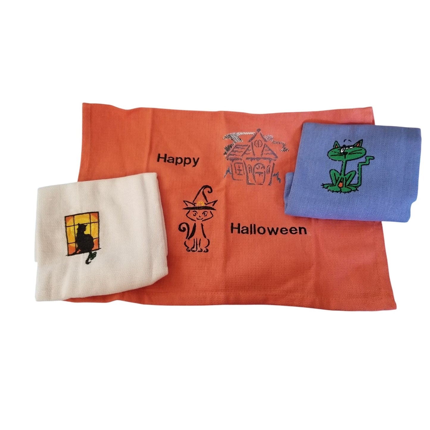 Kitchen Towel Embroidered 100%  Set 3 Cotton 1 Orange 1 White 1 Blue Halloween Cats 15 x 21