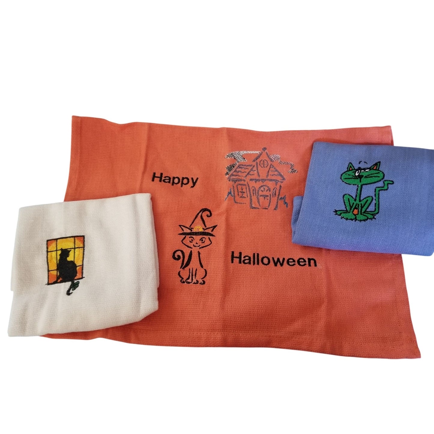Kitchen Towel Embroidered 100%  Set 3 Cotton 1 Orange 1 White 1 Blue Halloween Cats 15 x 21