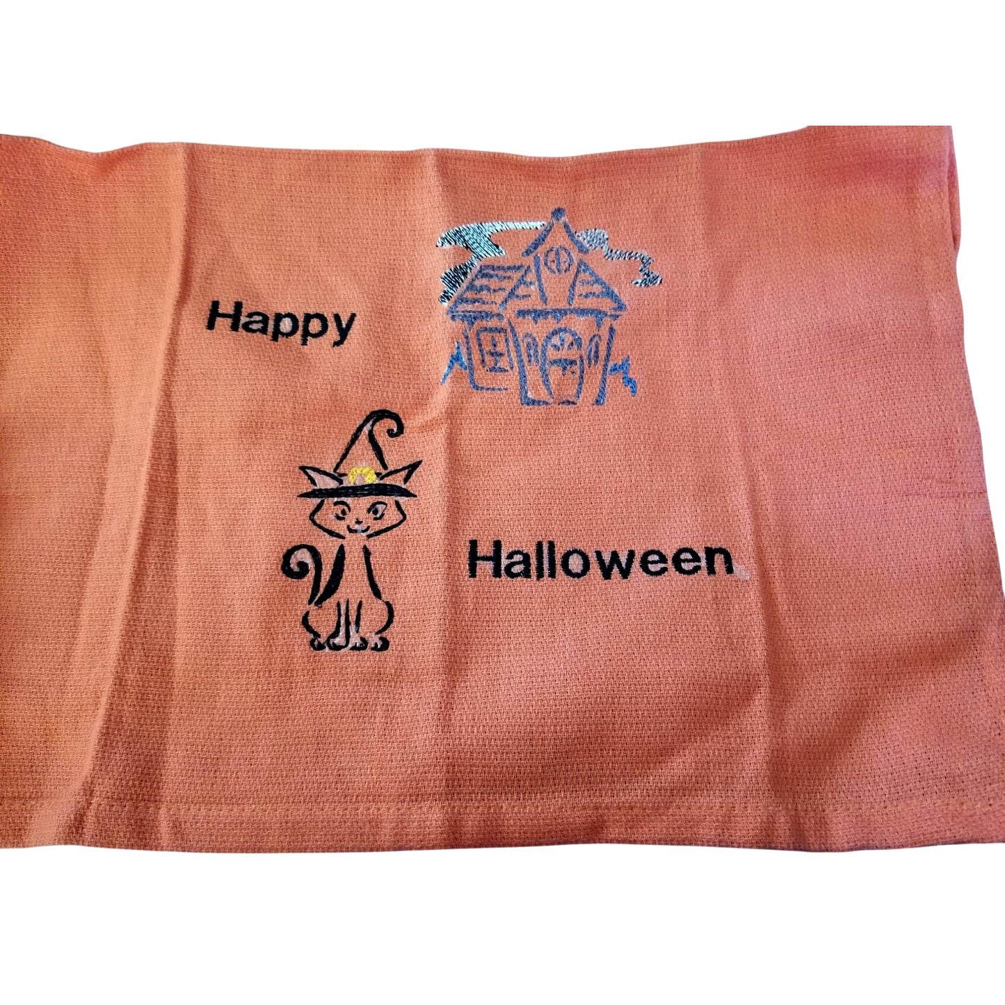 Kitchen Towel Embroidered 100%  Set 3 Cotton 1 Orange 1 White 1 Blue Halloween Cats 15 x 21