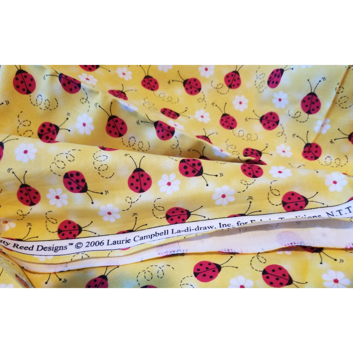 Material Yellow  Fabric Red Ladybugs White Flowers  Fabric    44" x 30"   Cotton Craft Clothing fabric Joann  Fabric